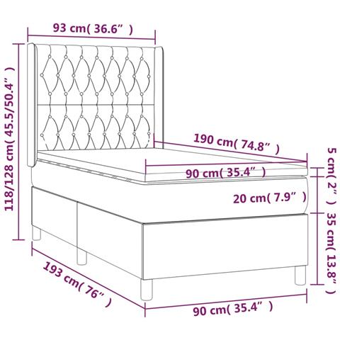 Letto a Molle Materasso e LED Grigio Scuro 90x190 cm in Tessuto - Foto 8