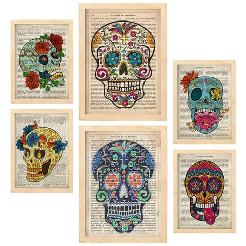 Set Di 6 Stampe Collezione Di Piatti Vintage Skulls Con Collage Estetico Per La Decorazione D'interni A3 & A4 Telaio In Legno Chiaro - Foto 1