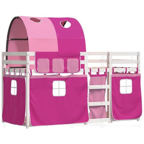 Letto A Castello Con Tende Rosa 90x200 Cm Legno Massello Pino - Foto 1
