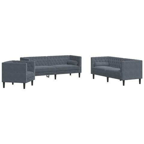Set Divani Chesterfield 3pz con Cuscini Grigio Scuro Velluto - Foto 1