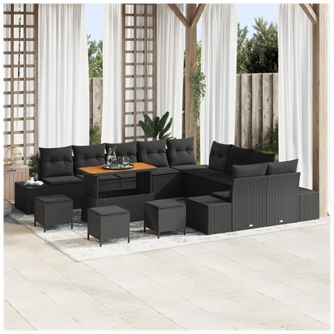 Set di divani da giardino  da 14 pezzi con cuscini Nero Polyrattan Acacia, Divano da giardino a 2 posti  con cuscini Nero Polyrattan, Set da pranzo da giardino  da 4 pezzi con cuscini Nero Polyrattan Acacia - Foto 2