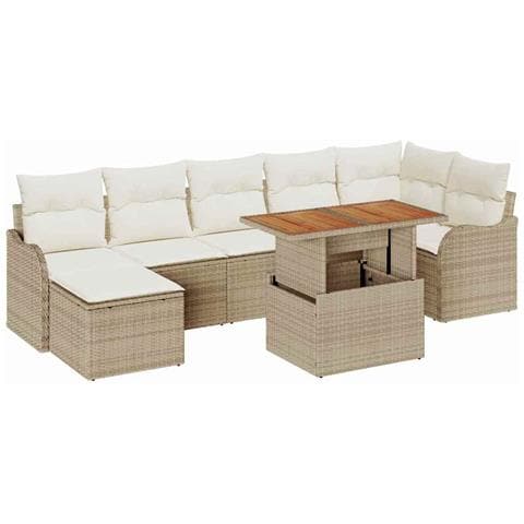 Set divano da giardino 8 pezzi con cuscini Beige in polirattan Acacia, Divano da giardino 2 posti con cuscini Beige in polirattan - Foto 1