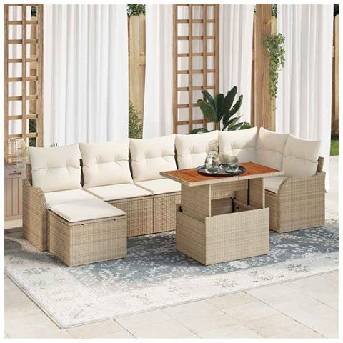 Set divano da giardino 8 pezzi con cuscini Beige in polirattan Acacia, Divano da giardino 2 posti con cuscini Beige in polirattan - Foto 2
