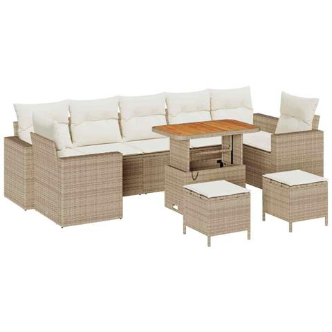 Set Divano da Giardino da 10 Pezzi con Cuscini Beige Polyrattan Acacia, Set da Pranzo da Giardino da 3 Pezzi con Cuscini Beige Polyrattan Acacia - Foto 1