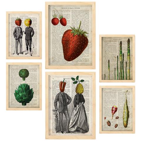 Set Di 6 Stampe Poster In Stile Cartaceo Vintage Da Cucina Con Sfondi Enciclopedici, Frutta E Verdura, Stile Di Vita Sano A3 & A4 Telaio In Legno Chiaro - Foto 1