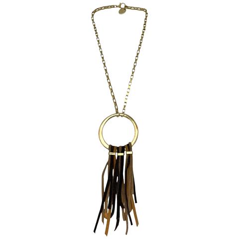 Collana Lunga In Pelle Con Frange In Marrone, Oro E Ottone - Foto 1