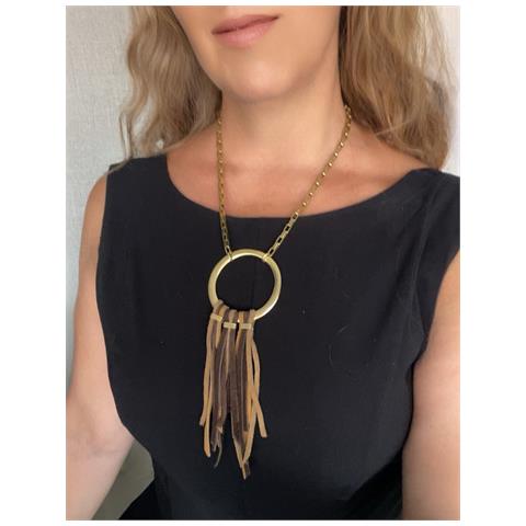 Collana Lunga In Pelle Con Frange In Marrone, Oro E Ottone - Foto 3