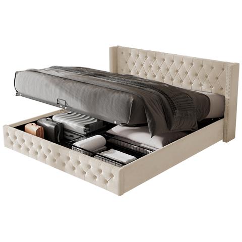 Letto In Velluto Beige Con Scala E Sponde Di Sicurezza - Foto 1
