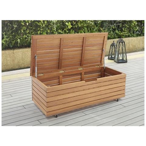 Cassapanca Da Giardino 190l In Legno Esotico Di Eucalipto Fsc - 190 L - 48,5 X 109,5 X 37 Cm - Con Ruote - Effetto Teak - Foto 1