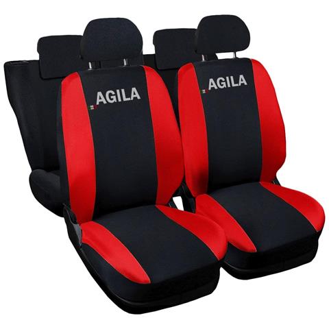 Coprisedili Auto Compatibili Per Agila, Made In Italy, Set Di Copri Sedili Anteriori E Posteriori Con Copri Poggiatesta Incluso, Tessuto Poliestere, Colore - Nero \rosso - Foto 1