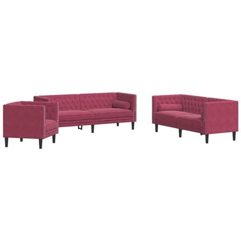 Set Divani Chesterfield 3pz con Cuscini Rosso Vino Velluto - Foto 1
