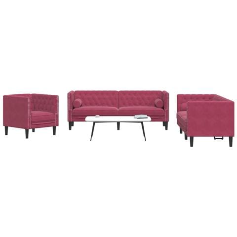 Set Divani Chesterfield 3pz con Cuscini Rosso Vino Velluto - Foto 2
