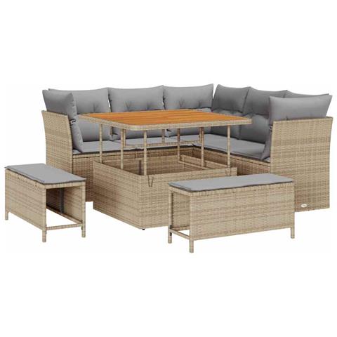 Set divano da giardino 8 pezzi con cuscini beige in polirattan e acacia,  Set da pranzo da giardino 3 pezzi con cuscini beige in polirattan e acacia - Foto 1
