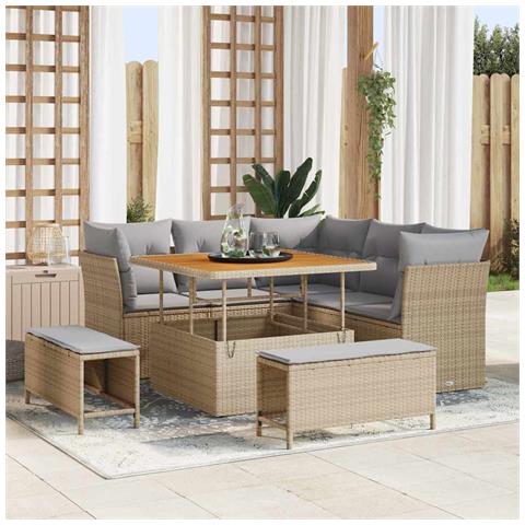 Set divano da giardino 8 pezzi con cuscini beige in polirattan e acacia,  Set da pranzo da giardino 3 pezzi con cuscini beige in polirattan e acacia - Foto 2