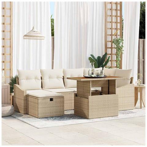 Set Divano Giardino 7 Pezzi con Cuscini Beige Polyrattan - Foto 2