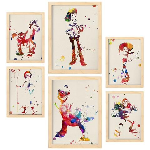 Set Di 6 Stampe Illustrazioni Ad Acquerello Di Toy Story Tratte Da Fiabe, Film E Libri Classici Per Bambini A3 & A4 Telaio In Legno Chiaro - Foto 1