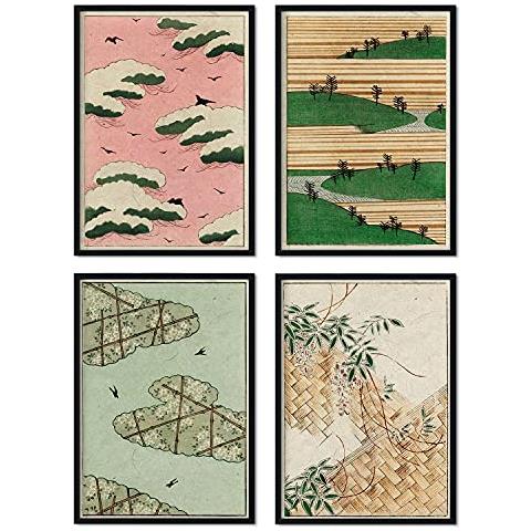 Set Di 4 Stampe Di Paesaggi. Poster Con Illustrazioni Di Rivista Vintage Giapponese Shin Bijutsukai. Decorazione D'interni Senza Cornice A3 - Foto 1
