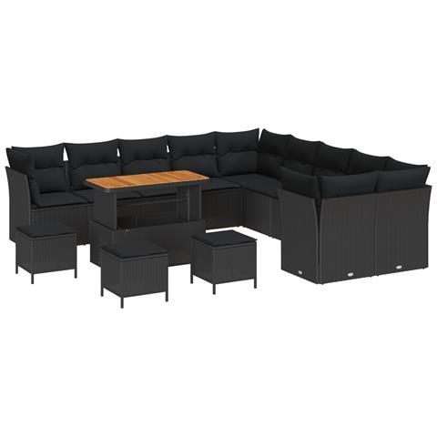 Set di Divani da Giardino  da 14 Pezzi con Cuscini Nero Polyrattan Acacia, Set da Pranzo da Giardino  da 4 Pezzi con Cuscini Nero Polyrattan Acacia - Foto 1