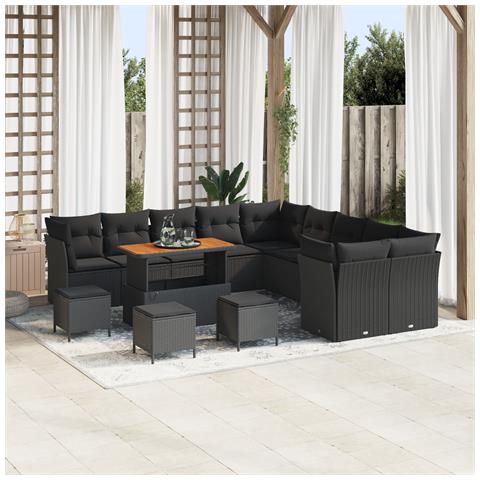 Set di Divani da Giardino  da 14 Pezzi con Cuscini Nero Polyrattan Acacia, Set da Pranzo da Giardino  da 4 Pezzi con Cuscini Nero Polyrattan Acacia - Foto 2