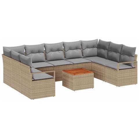Set Divano da Giardino con Cuscini Beige Rattan Policotton Acacia 10 Pezzi, Divano da Giardino con Cuscini Beige Poly Rattan da 2 Posti - Foto 1