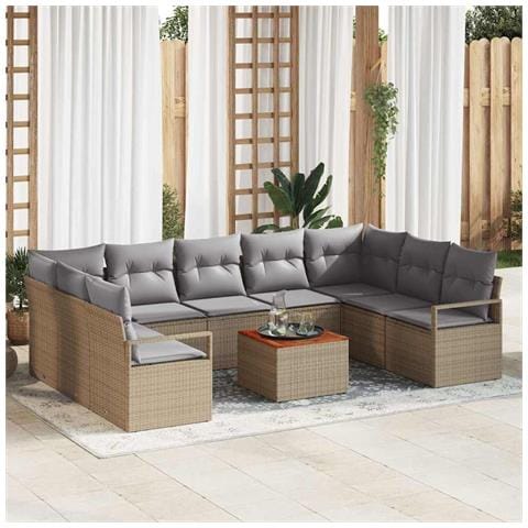 Set Divano da Giardino con Cuscini Beige Rattan Policotton Acacia 10 Pezzi, Divano da Giardino con Cuscini Beige Poly Rattan da 2 Posti - Foto 2