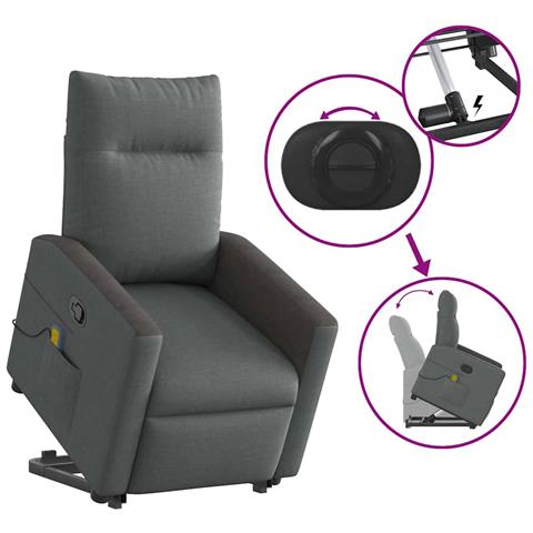 Poltrona Alzapersona Massaggi Reclinabile Grigio Scuro Tessuto - Foto 9