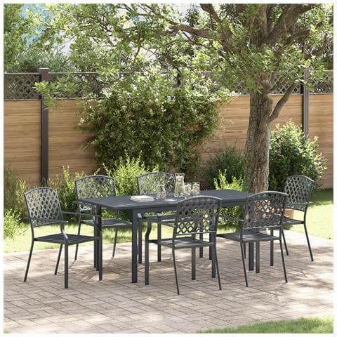 Set da Pranzo da Giardino 7 Pezzi Acciaio Antracite, Sedie da Giardino 2 pz Impilabili in Acciaio Antracite, Sedie da Giardino 4 pz Impilabili in Acciaio Antracite - Foto 2