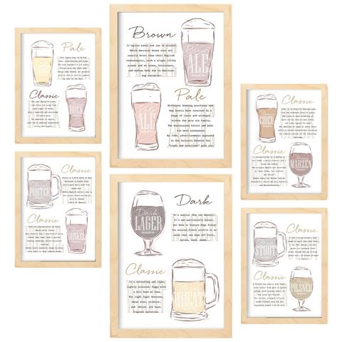 Set Di 6 Stampe Tipi Di Birra Illustrazioni A Colori Di Caffè E Bevande In Cartelloni Pubblicitari A3 & A4 Telaio In Legno Chiaro - Foto 1