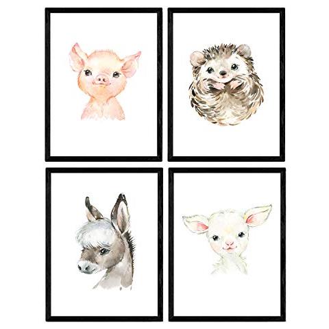 Set Di 4 Stampe Fogli Con Illustrazioni Di Animali. Poster Con Immagini Per Bambini Di Animali. Asino Di Maiale Hedgehog Di Capra .. Senza Cornice A4 - Foto 1