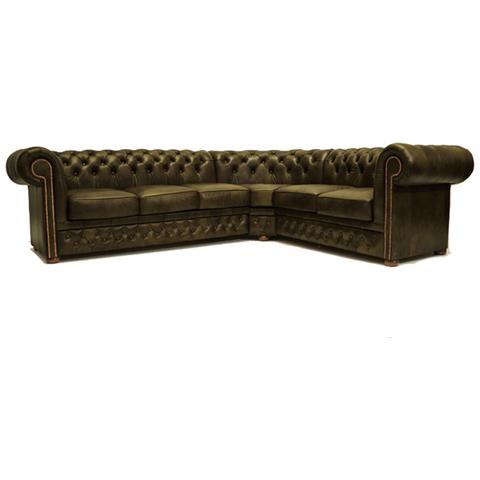 Divano Chesterfield Ad Angolo Chesterfield First Class - 3 Angolo 2 - Verde Muschio - Pelle - Foto 1