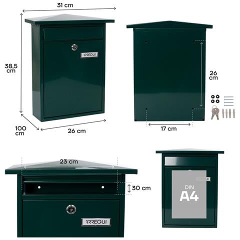 Home E5713 Cassetta Postale Individuale In Acciaio, Cassetta Della Posta Da Parete, Cassetta Delle Lettere, Fondo Stretto, (din A4), Verde - Foto 2