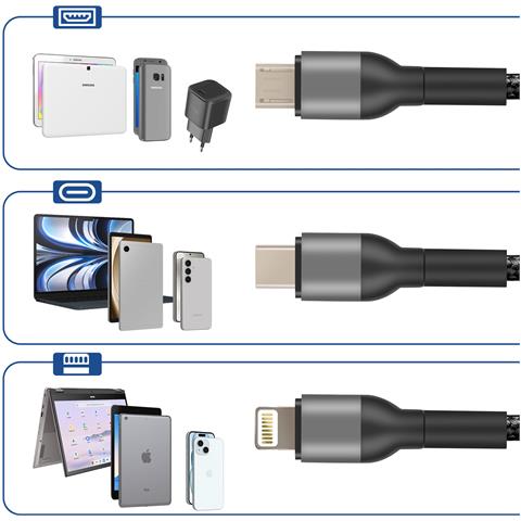 Cavo Da Usb A Micro-usb, Usb-c, Lightning Nylon Intrecciato 1,2m, Nero - Foto 2