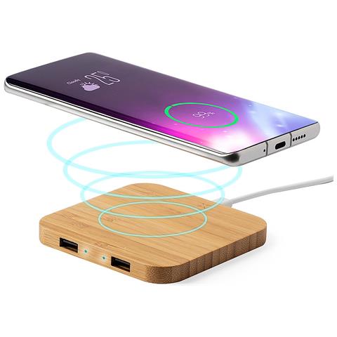 Caricabatterie Wireless Nature Bamboo Con Ricarica Rapida Da 10 W. 2 Uscite Usb 9x0,9x9 Cm. Colore Del Legno - Foto 1
