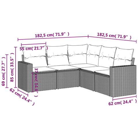 Set Divani da Giardino 5 pz con Cuscini in Polyrattan Nero - Foto 3