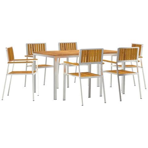 Set da Pranzo da Giardino  7 Pezzi in Legno Massello di Acacia, Tavolo da Pranzo all'Aperto  150x90x75 cm in Legno Massello di Acacia, Sedie da Giardino Impilabili  2 pz in Legno Massello di Acacia e Metallo, Sedie da Giardino Impilabili  4 pz in Legno Ma - Foto 1