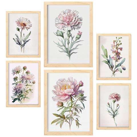 Set Di 6 Stampe Fiori Rosa Chiaro Stampe Naturalistiche E Botaniche A Colori Con Motivi Floreali Su Sfondi Bianco Puro A3 & A4 Telaio In Legno Chiaro - Foto 1