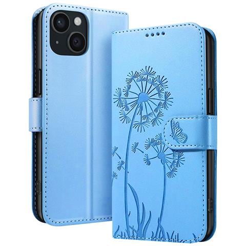 Custodia A Portafoglio Per Iphone 15 Premium Design Fiori Farfalla, Blu Chiaro - Foto 1