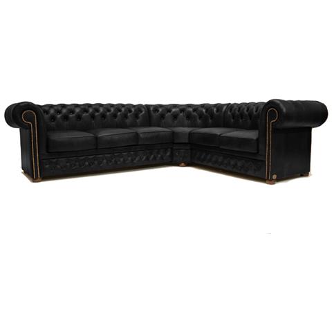 Divano Chesterfield Ad Angolo Chesterfield First Class - 3 Angolo 2 - Nero Opaco - Pelle - Foto 1