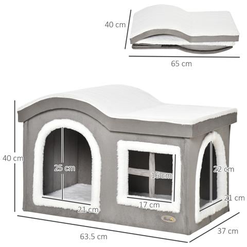 Casetta per Gatti da Interno con 2 Entrate e Finestra, Cuscino e Base Antiscivolo, 63.5x37x40cm - Bianco /Grigio - Foto 2