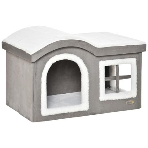 Casetta per Gatti da Interno con 2 Entrate e Finestra, Cuscino e Base Antiscivolo, 63.5x37x40cm - Bianco /Grigio - Foto 1