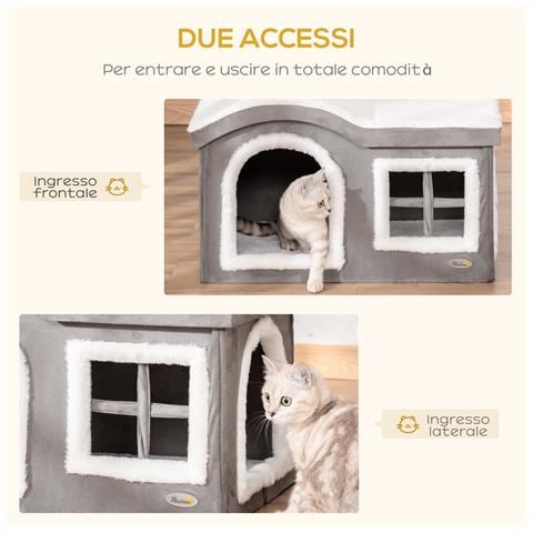 Casetta per Gatti da Interno con 2 Entrate e Finestra, Cuscino e Base Antiscivolo, 63.5x37x40cm - Bianco /Grigio - Foto 6