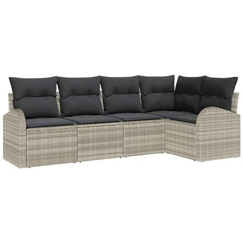 Set di Divani da Giardino  da 5 Pezzi con Cuscini Grigio Chiaro in Polyrattan, Divano da Giardino a 2 Posti  con Spazio di Archiviazione e Cuscini Grigio Chiaro in Polyrattan - Foto 1