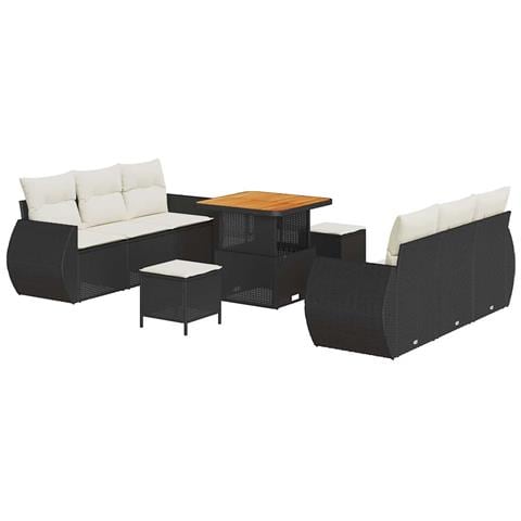 Set di Divani da Giardino in 9 Pezzi con Cuscini Rattan Nero Acacia,  Set da Pranzo da Giardino in 3 Pezzi con Cuscini Rattan Nero Acacia - Foto 1