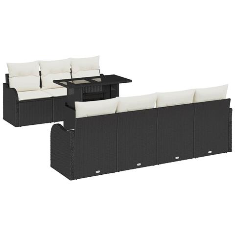 Set divani da giardino a 8 pezzi  con cuscini in rattan poliestere nero, Divano da giardino a 2 posti  con cuscini in rattan poliestere nero - Foto 1