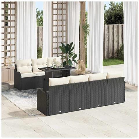 Set divani da giardino a 8 pezzi  con cuscini in rattan poliestere nero, Divano da giardino a 2 posti  con cuscini in rattan poliestere nero - Foto 2