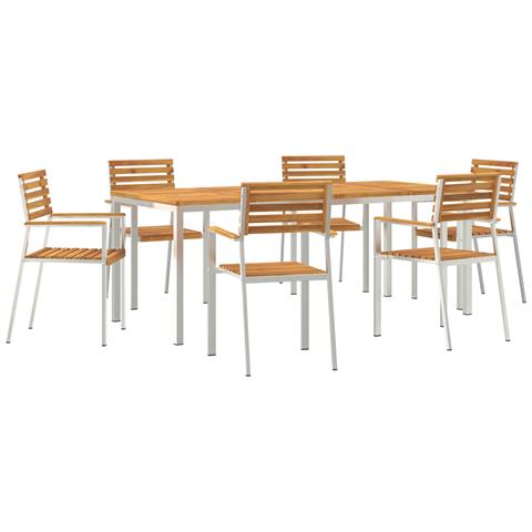 Set da pranzo da giardino  7 pezzi in legno massello di acacia, Tavolo da pranzo all'aperto  200x90x74.5 cm in legno massello di acacia, Sedie da giardino impilabili  2 pz in legno massello di acacia e acciaio, Sedie da giardino impilabili  4 pz in legno  - Foto 1