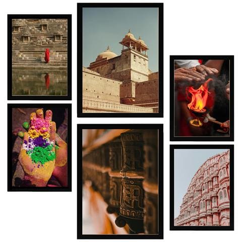Set Di 6 Stampe Fotografie Di Dipinti Decorativi Dall'india E Dall'asia Incorniciate Con Illustrazioni Di Design Per Le Pareti A3 & A4 Cornice Nera - Foto 1