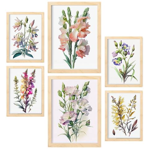 Set Di 6 Stampe Fiori Selvatici Stampe Naturalistiche E Botaniche A Colori Con Motivi Floreali Su Sfondi Bianchi Puri A3 & A4 Telaio In Legno Chiaro - Foto 1