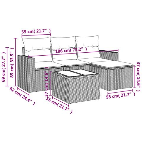 Set Divani da Giardino 5 pz con Cuscini in Polyrattan Nero - Foto 3