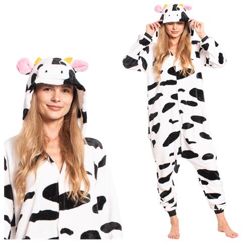Pigiama Da Donna Tuta Kigurumi Onesie Mucca Bianco Nero 145-155 Cm S - Foto 1